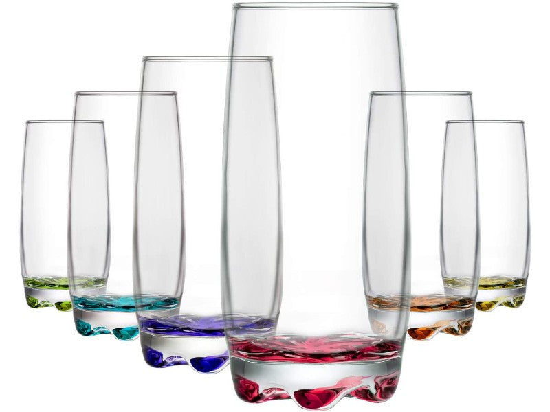 Highball Cocktail Glasses. Coloured Base Highball Glass Set. (Pack of 6) (390 cc/ml)