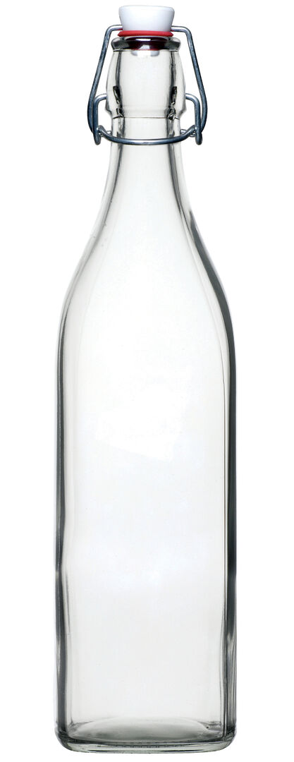Swing Flip Top Lid Square Based Glass Water Bottle. (1 Litre)