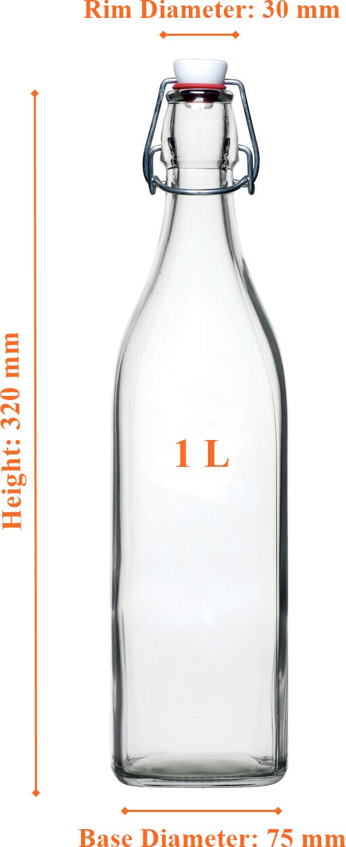Swing Flip Top Lid Square Based Glass Water Bottle. (1 Litre)