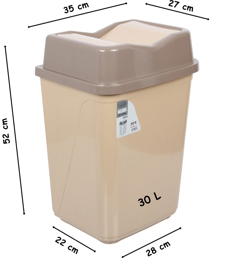 30 Litre Butterfly Swing Bin. Lidded Dustbin. Plastic Rubbish Waste Bin. (Beige)