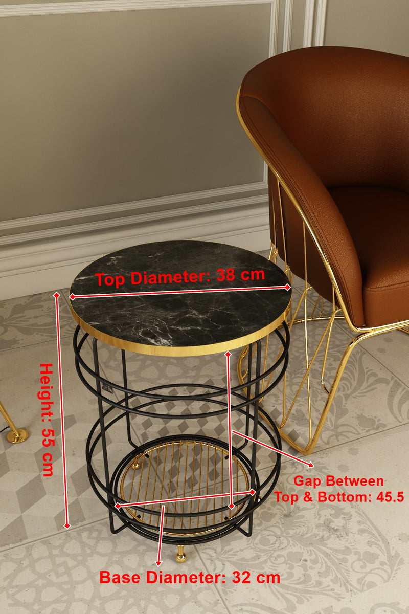 Luxury Marble Pattern 2 Tier Round Coffee Side Table. (L: 40 cm) (Black & Gold).