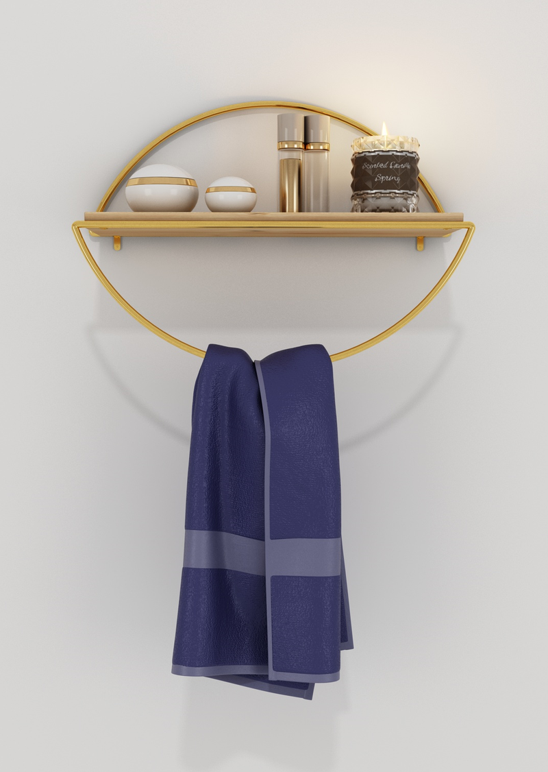 Decorative Mounted Wall Shelf. Ellipse Shape Unit Rack. (Single) (Gold Metal & Solid Wood)