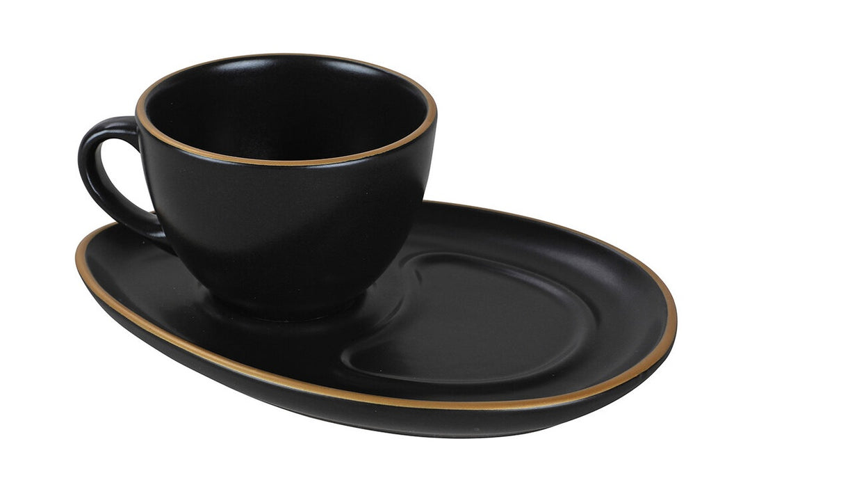 Coffee Cup & Snack Plate Set. Stoneware Matte Cups & Saucer. (Black) (Set of 2)