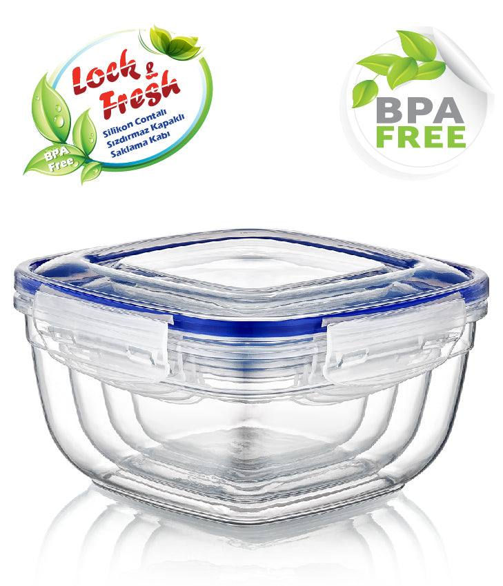 Plastic Square Food Storage Container with Lid. (4 pcs) (500/900/1500/2400 ml).