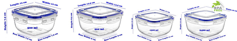 Plastic Square Food Storage Container with Lid. (4 pcs) (500/900/1500/2400 ml).