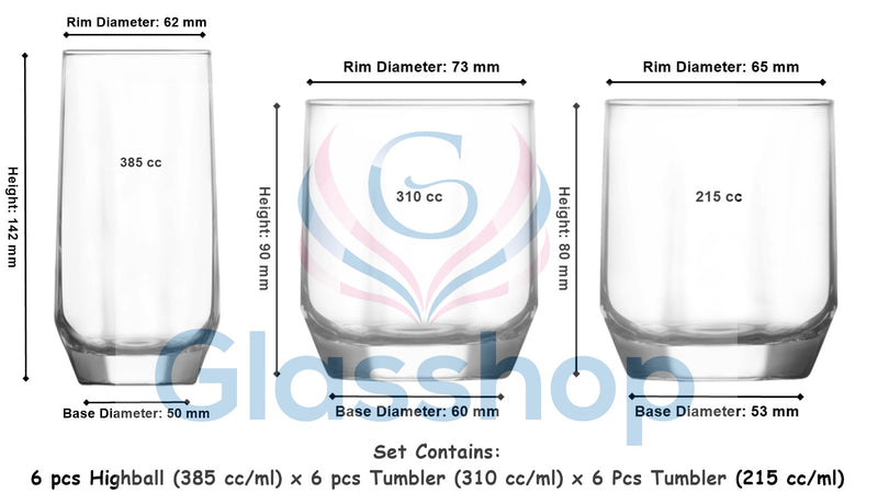 3 Different Sizes Glasses Set. Highball & Tumblers. (Set of 18) (385/310/215 ml)