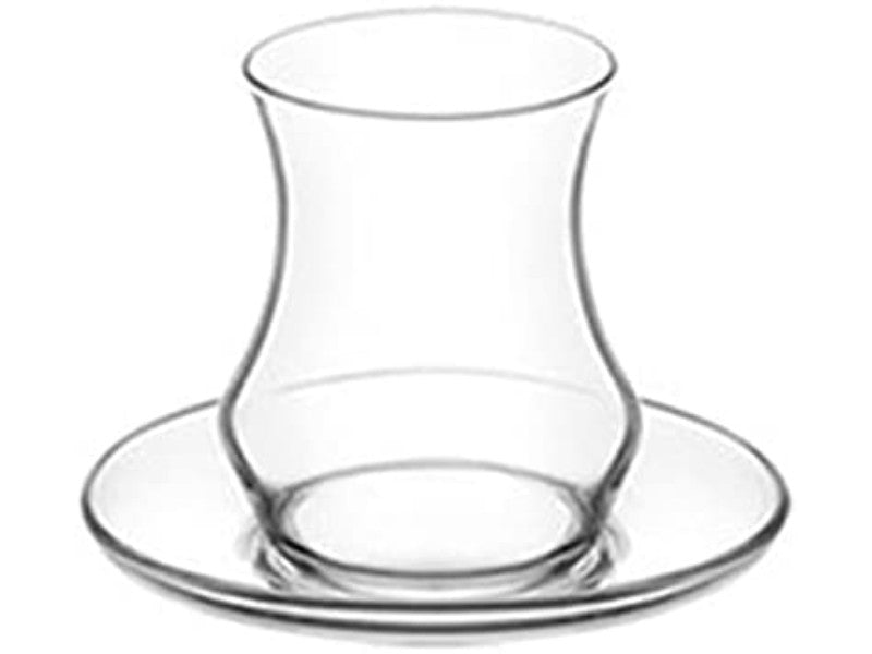 Turkish Tea Glasses & Saucers. Contemporary Glass Teacup and Saucer Set. 12 Pieces (6 Glasses & 6 Saucers)