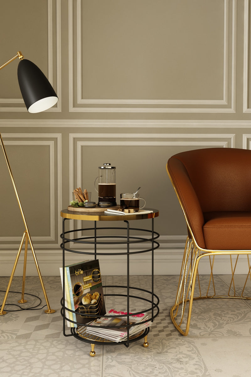 Luxury Marble Pattern 2 Tier Round Coffee Side Table. (L: 40 cm) (Black & Gold).