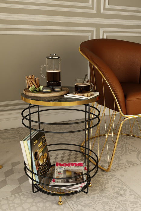Luxury Marble Pattern 2 Tier Round Coffee Side Table. (L: 40 cm) (Black & Gold).