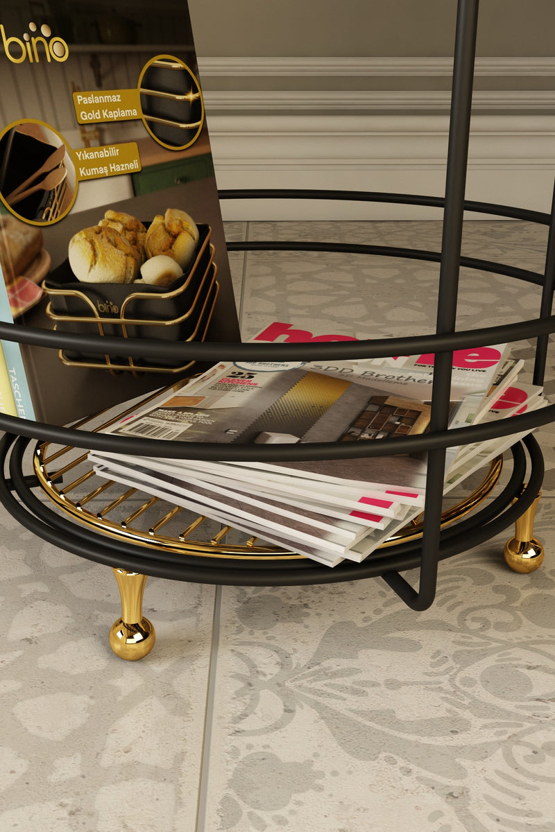 Luxury Marble Pattern 2 Tier Round Coffee Side Table. (L: 40 cm) (Black & Gold).