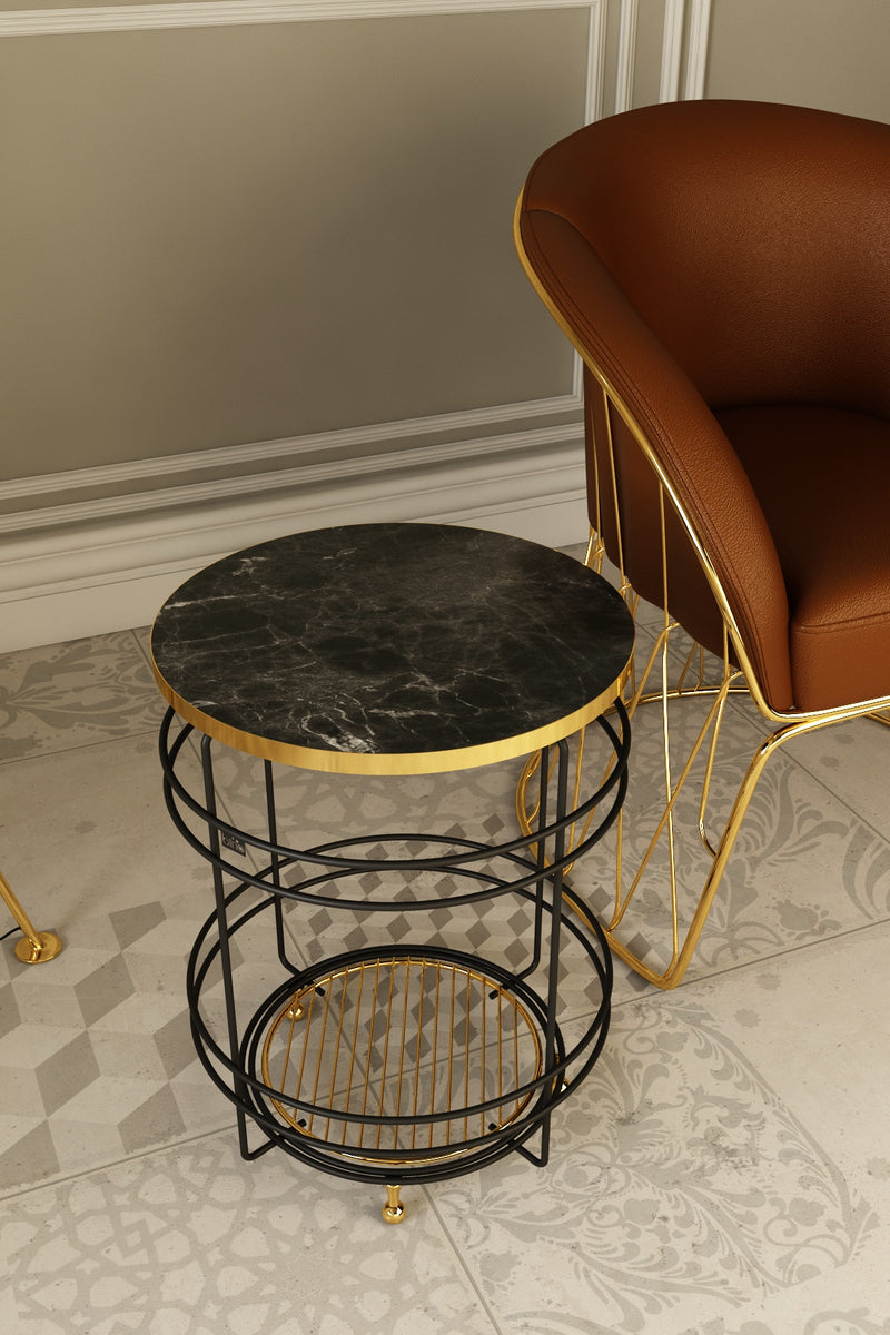 Luxury Marble Pattern 2 Tier Round Coffee Side Table. (L: 40 cm) (Black & Gold).