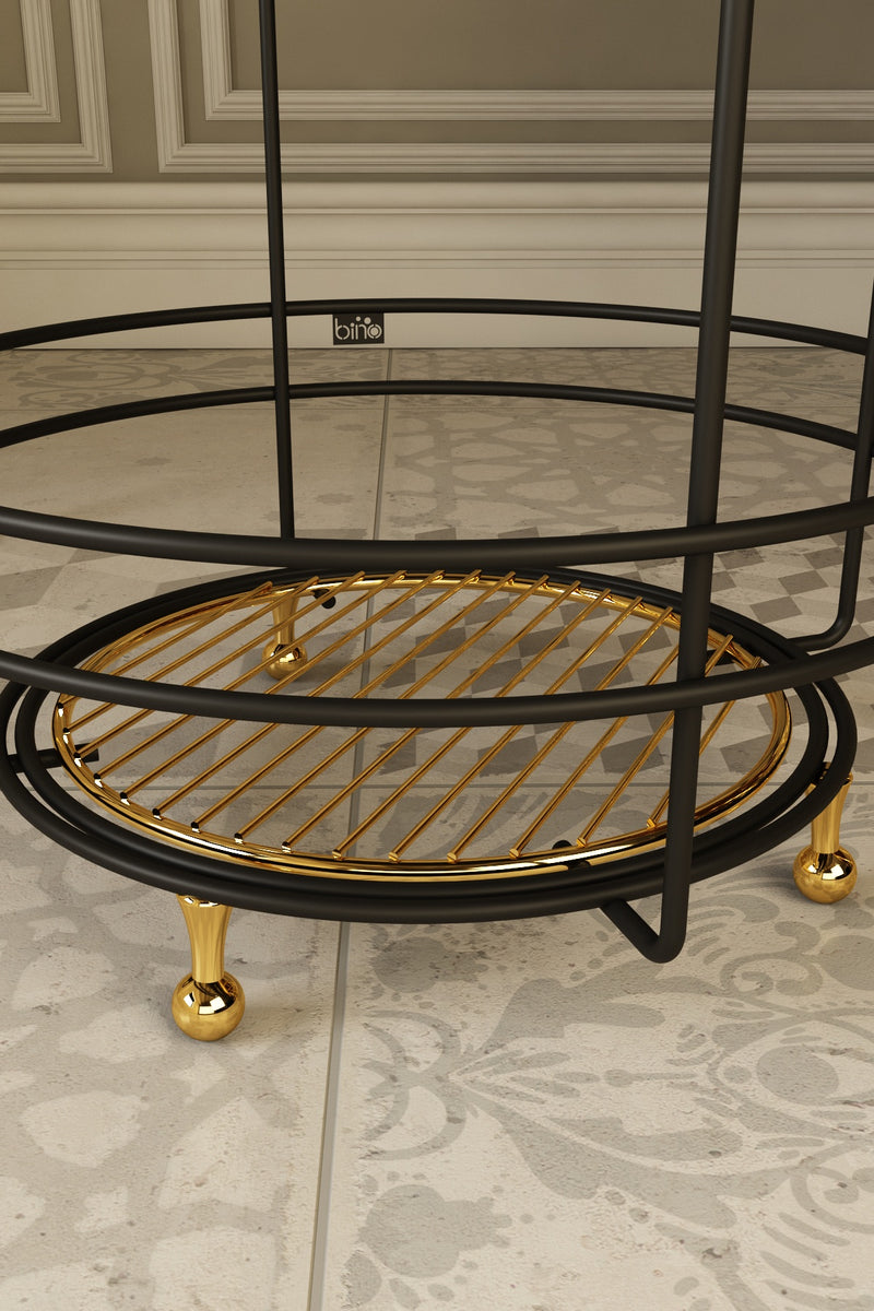 Luxury Marble Pattern 2 Tier Round Coffee Side Table. (L: 40 cm) (Black & Gold).