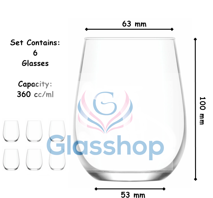 Everyday Drinking Tumbler Glass Set. Juice Water Whiskey Tumblers. (Set of 6) (360 ml).