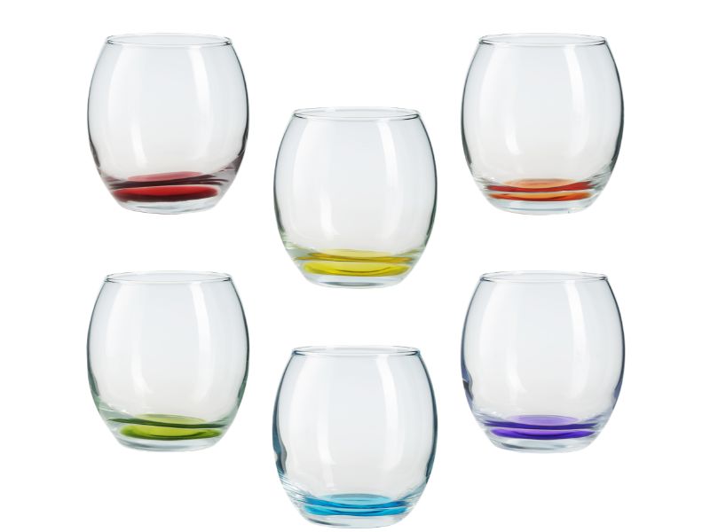 6x Coloured Base Tumbler Glasses. Whisky Juice Tumbler Drinking Glasses. (405 ml)