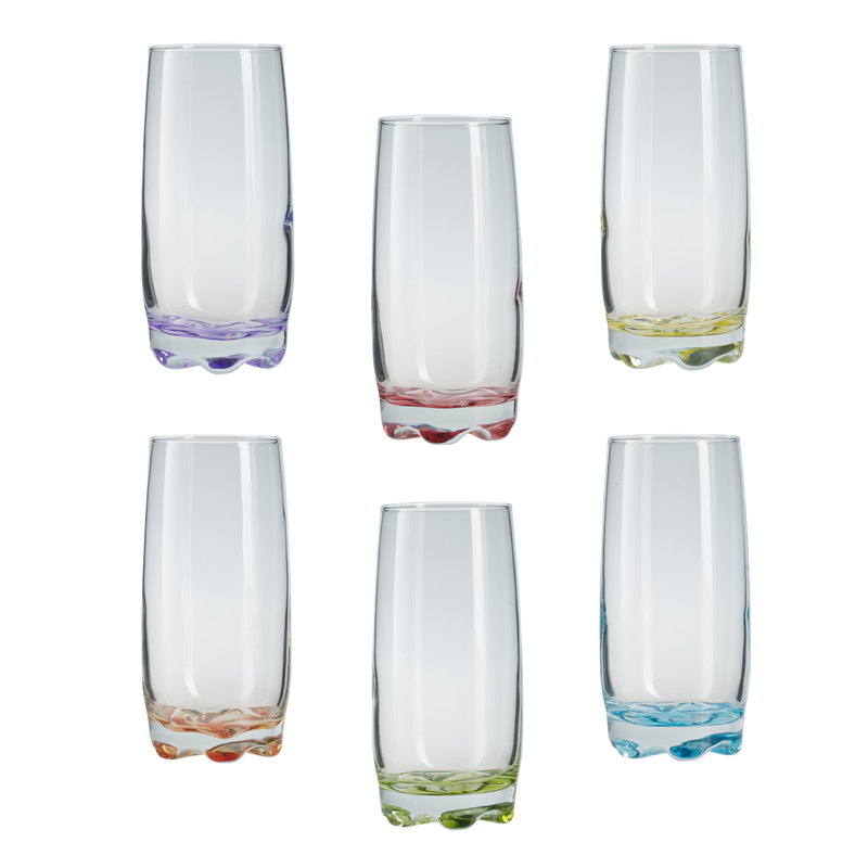 Highball Cocktail Glasses. Coloured Base Highball Glass Set. (Pack of 6) (390 cc/ml)