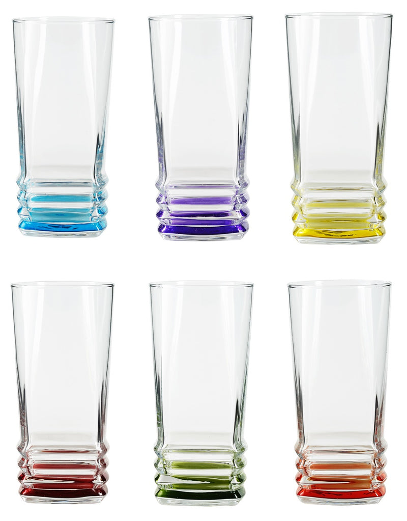 Coloured Base Highball Drinking Glass Set. Cocktail Glasses. (Pack of 6) (335 ml)