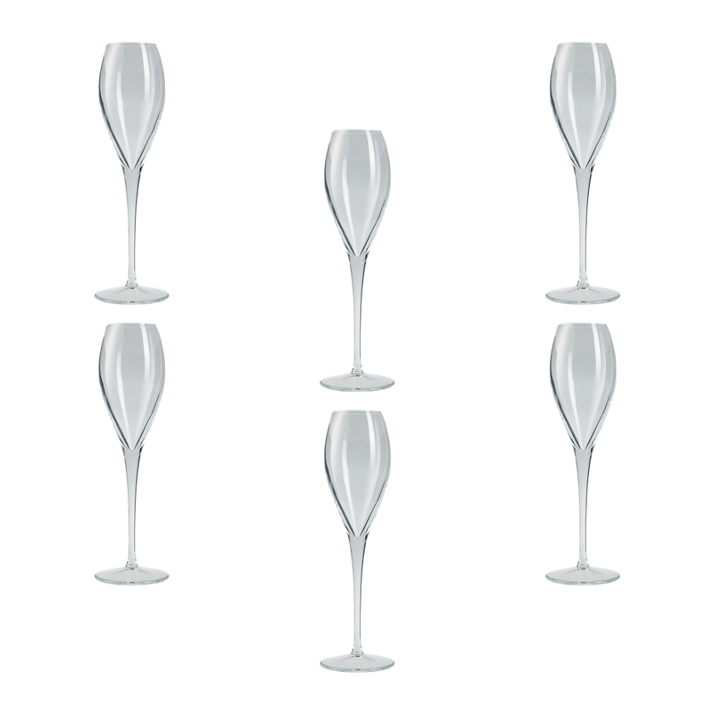 Champagne Glasses. Long Steam Prosecco Flute. Fine Rim. (Pack of 6) (225 ml).