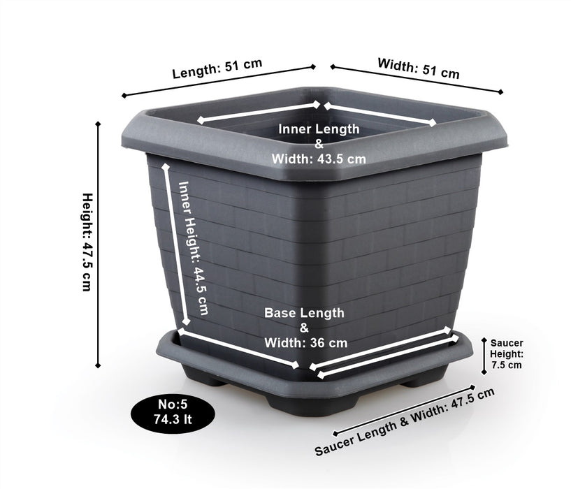 Very Large Square Flower Plant Pot and Saucer. Outdoor Plant Pot. (51 cm / 74.3 Lt). (3 Colour)