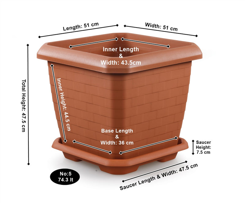 Very Large Square Flower Plant Pot and Saucer. Outdoor Plant Pot. (51 cm / 74.3 Lt). (3 Colour)