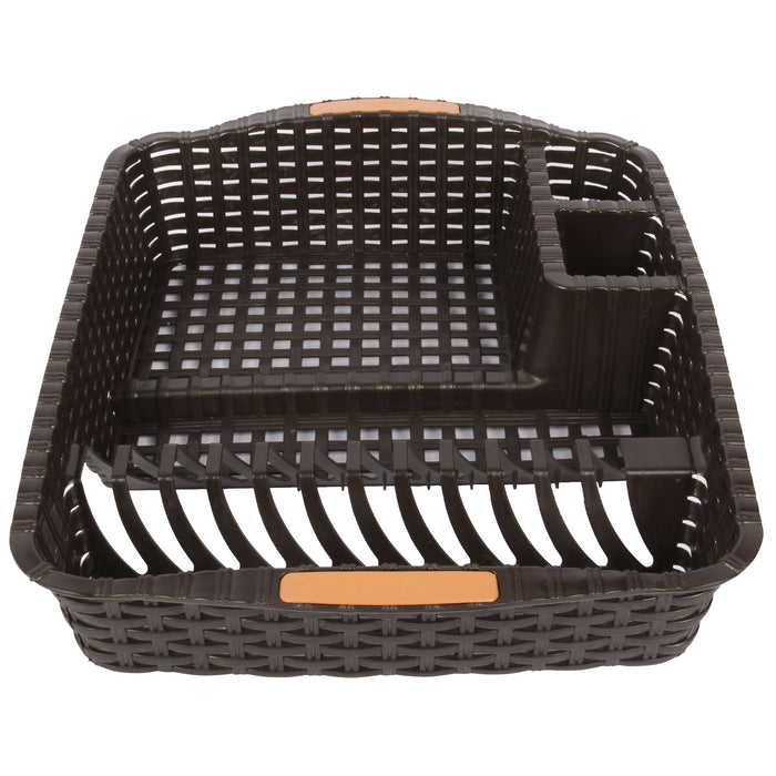 Flat Dish Drainer with Drip Tray. Rattan Style Plastic Plate Cutlery Holder Rack