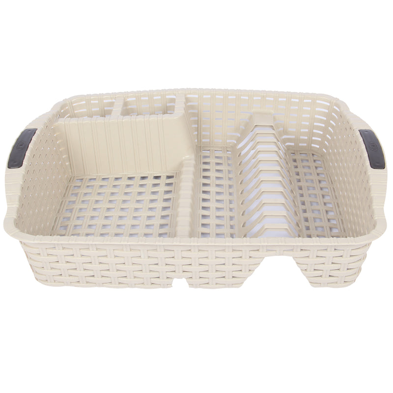 Flat Dish Drainer with Drip Tray. Rattan Style Plastic Plate Cutlery Holder Rack