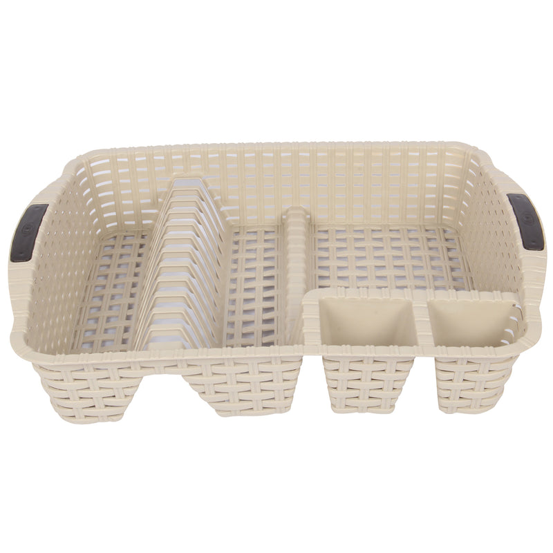 Flat Dish Drainer with Drip Tray. Rattan Style Plastic Plate Cutlery Holder Rack