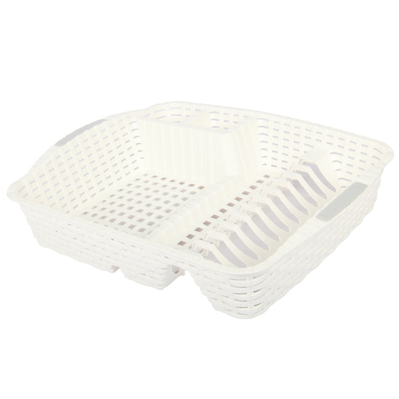 Flat Dish Drainer with Drip Tray. Rattan Style Plastic Plate Cutlery Holder Rack
