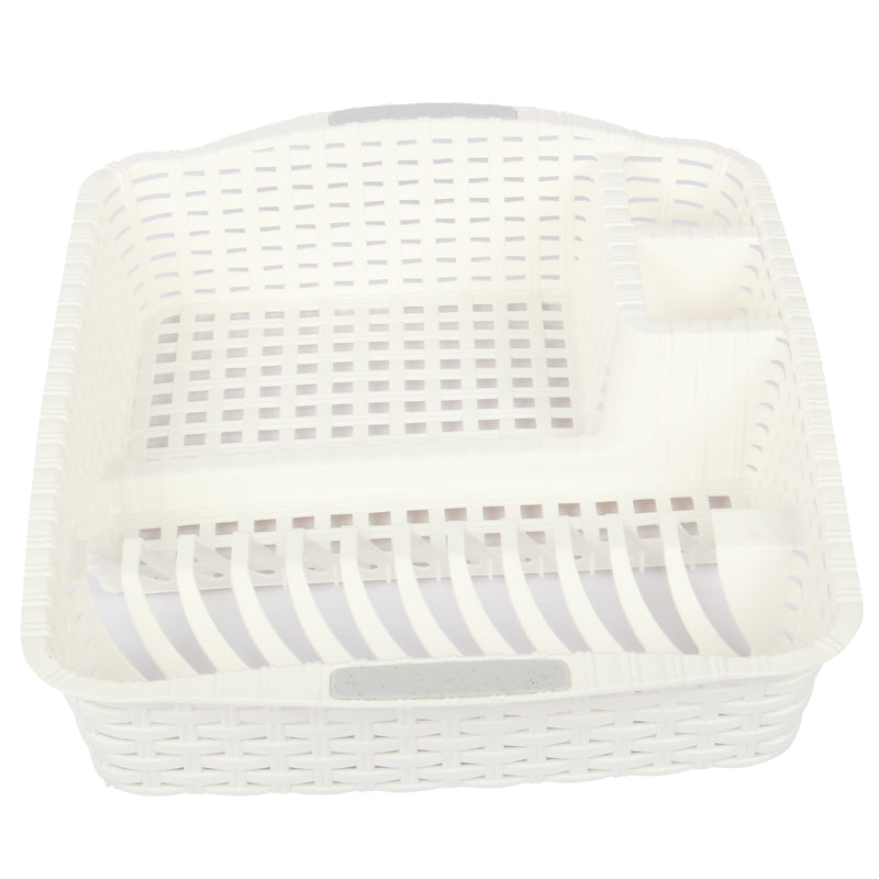 Flat Dish Drainer with Drip Tray. Rattan Style Plastic Plate Cutlery Holder Rack