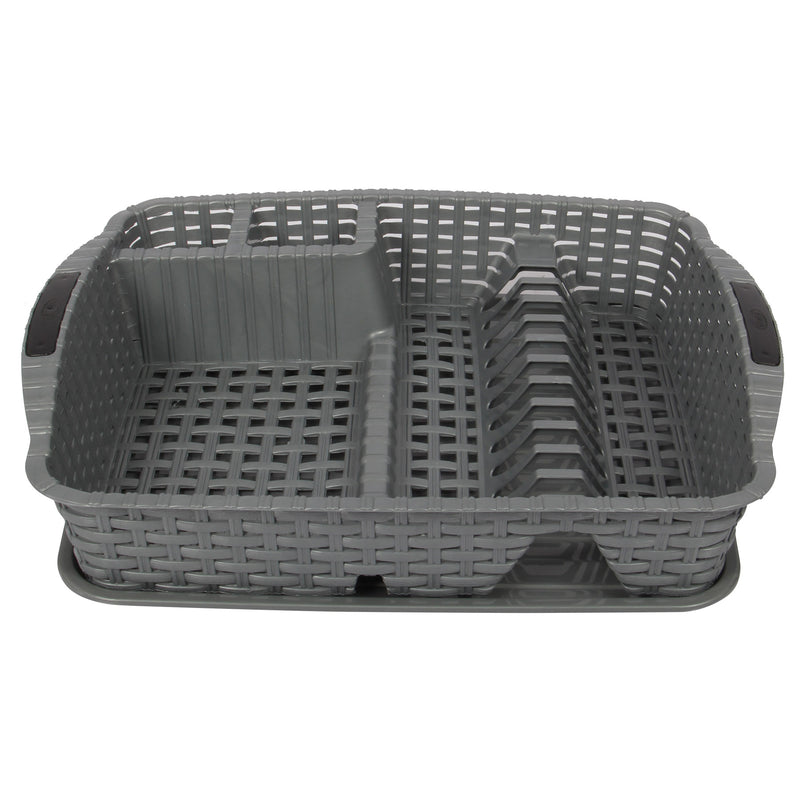 Flat Dish Drainer with Drip Tray. Rattan Style Plastic Plate Cutlery Holder Rack