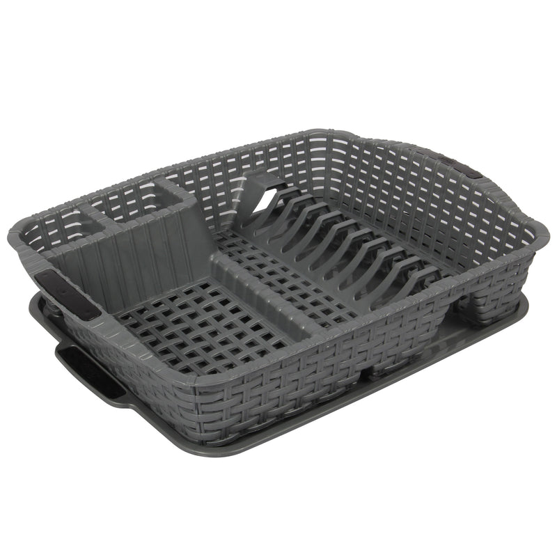 Flat Dish Drainer with Drip Tray. Rattan Style Plastic Plate Cutlery Holder Rack
