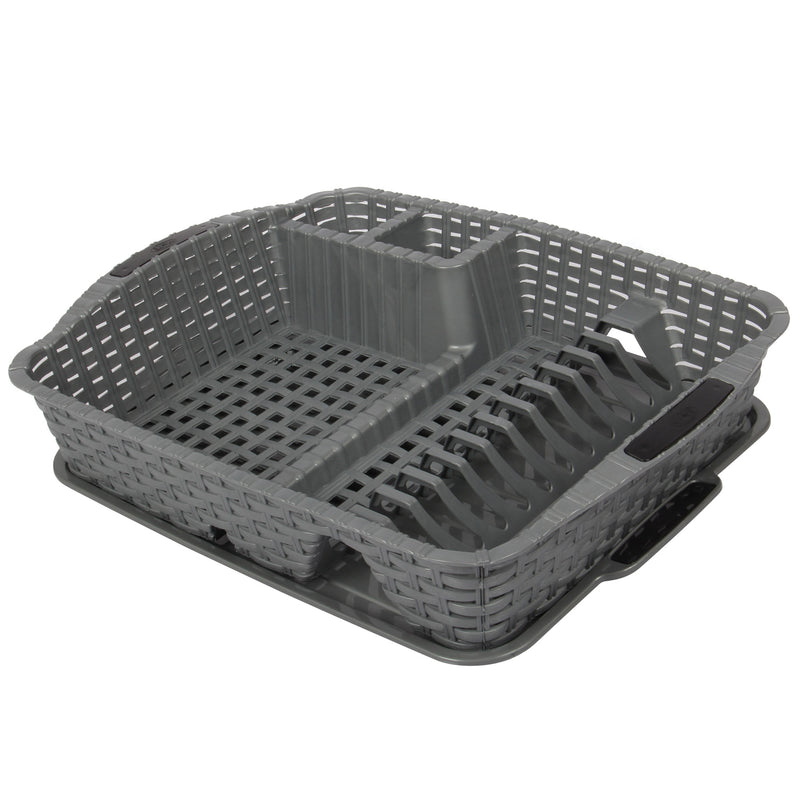 Flat Dish Drainer with Drip Tray. Rattan Style Plastic Plate Cutlery Holder Rack