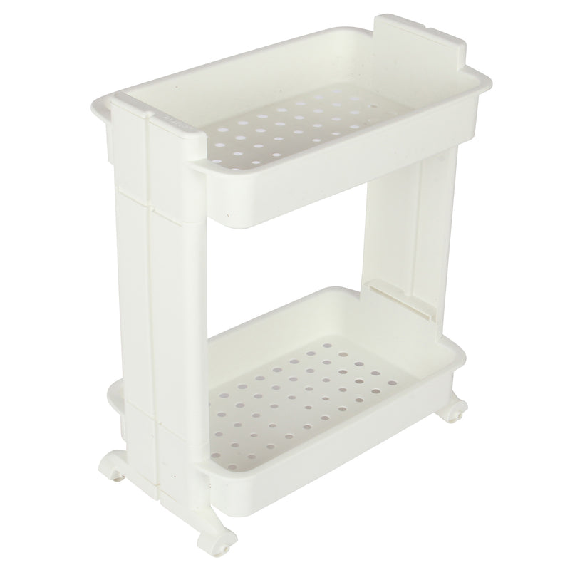2 Tier Slide Out Troley Rack Shelf Holder with Wheel. Kitchen Bathroom Organizer.