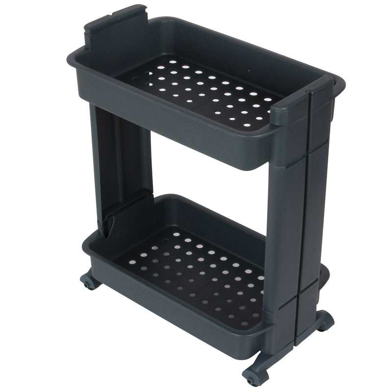 2 Tier Slide Out Troley Rack Shelf Holder with Wheel. Kitchen Bathroom Organizer.