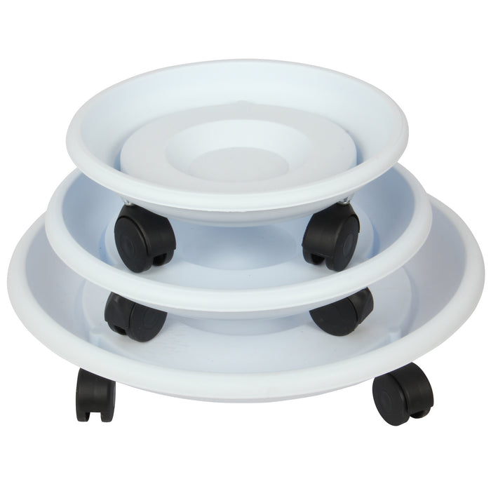 Movable Planters with Wheels. Round Caddy Plant Mover Stand Tray Saucer. (White)