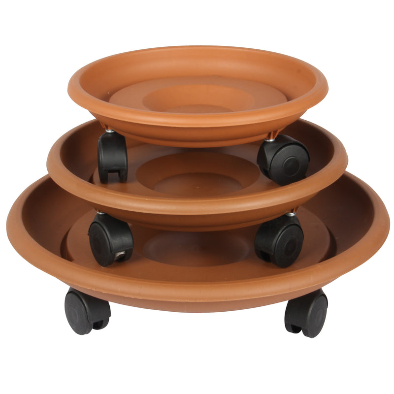 Movable Planters with Wheels. Round Caddy Plant Mover Stand Tray Saucer. (Terra Cotta)