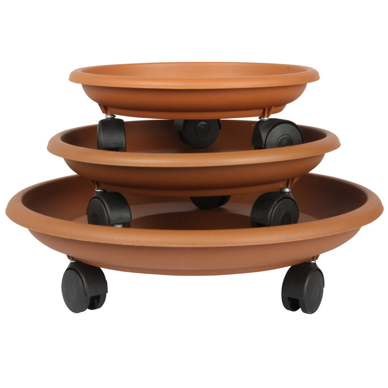 Movable Planters with Wheels. Round Caddy Plant Mover Stand Tray Saucer. (Terra Cotta)