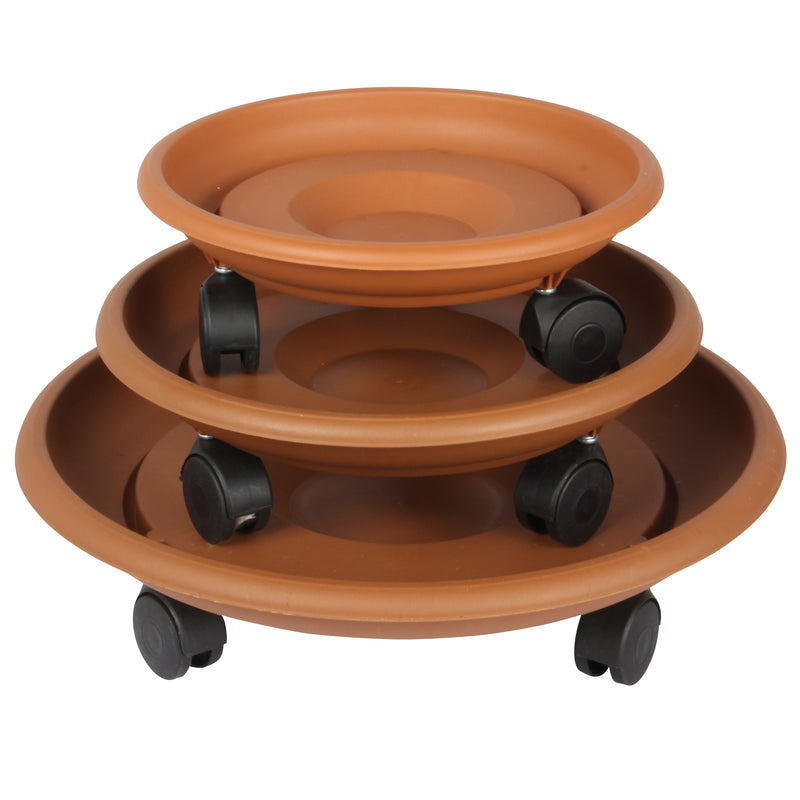 Movable Planters with Wheels. Round Caddy Plant Mover Stand Tray Saucer. (Terra Cotta)