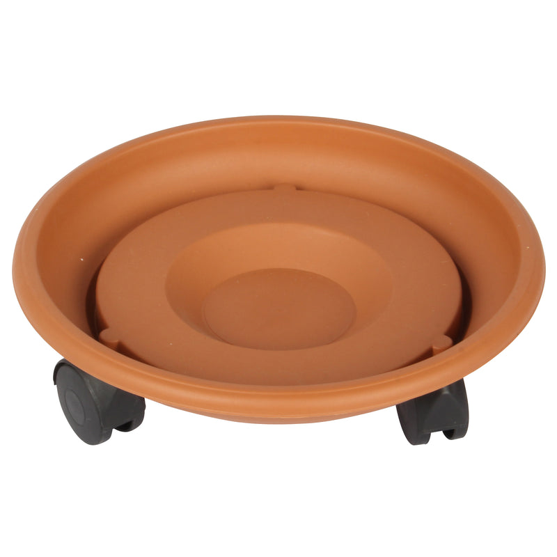 Movable Planters with Wheels. Round Caddy Plant Mover Stand Tray Saucer. (Terra Cotta)