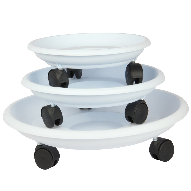 Movable Planters with Wheels. Round Caddy Plant Mover Stand Tray Saucer. (White)