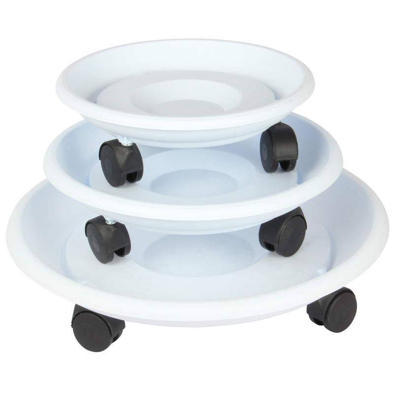 Movable Planters with Wheels. Round Caddy Plant Mover Stand Tray Saucer. (White)