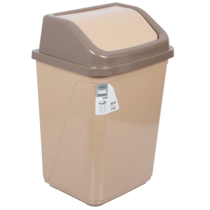 Swing Bin Lidded Dustbin. Plastic Rubbish Waste Bin. (30 Litre) (Beige)