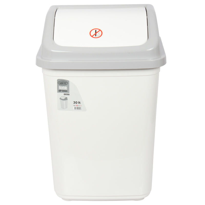 Swing Bin Lidded Dustbin. Plastic Rubbish Waste Bin. (30 Litre) (White)