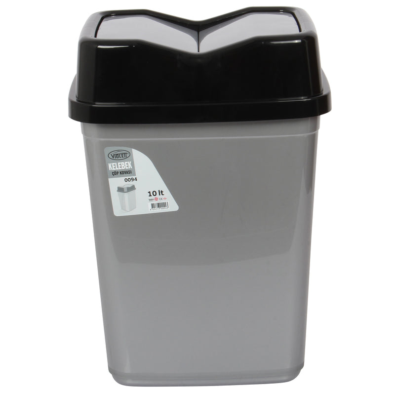 10 Litre Butterfly Swing Bin. Lidded Dustbin. Plastic Rubbish Waste Bin.(Silver)