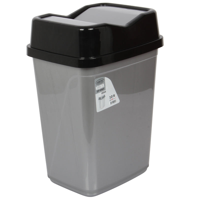 10 Litre Butterfly Swing Bin. Lidded Dustbin. Plastic Rubbish Waste Bin.(Silver)