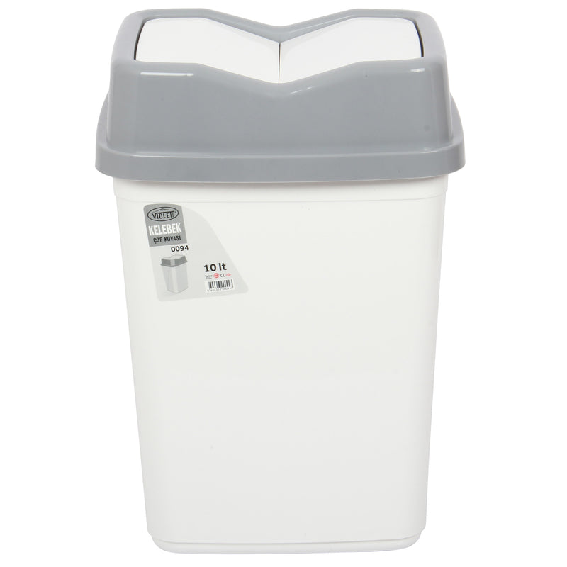 10 Litre Butterfly Swing Bin. Lidded Dustbin. Plastic Rubbish Waste Bin. (White)