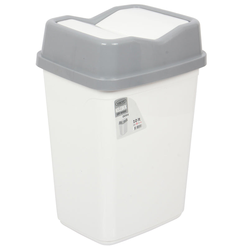 10 Litre Butterfly Swing Bin. Lidded Dustbin. Plastic Rubbish Waste Bin. (White)