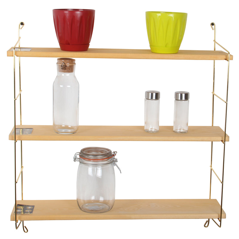 3 Tier Mounted Wall Floating Shelves. Decorative Shelf.(Gold Metal & Solid Wood)