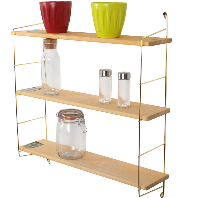 3 Tier Mounted Wall Floating Shelves. Decorative Shelf.(Gold Metal & Solid Wood)