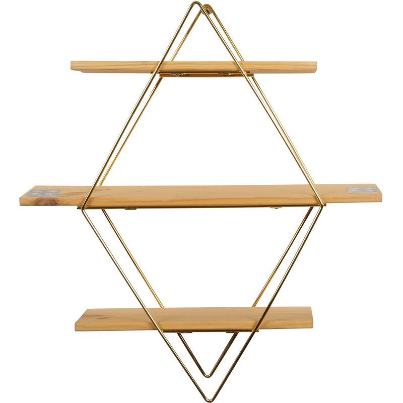 Decorative Mounted Wall Shelf. 3 Tier Prism Unit Rack. (Gold Metal & Solid Wood)