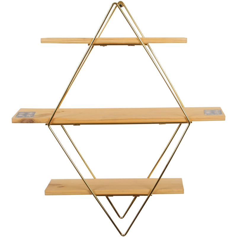 Decorative Mounted Wall Shelf. 3 Tier Prism Unit Rack. (Gold Metal & Solid Wood)